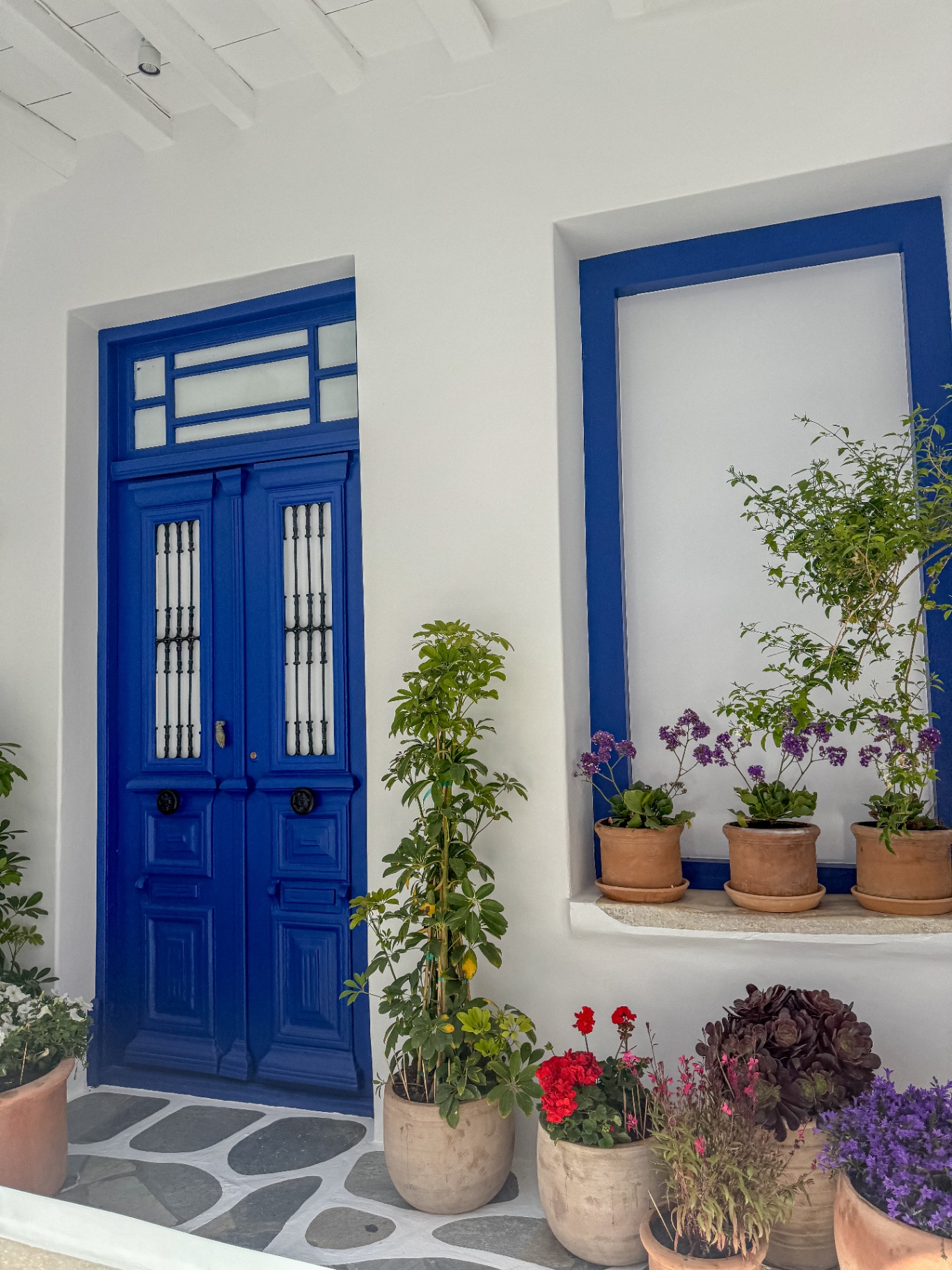 Blue painted door and potted flowers in a whitewashed Mykonos courtyard